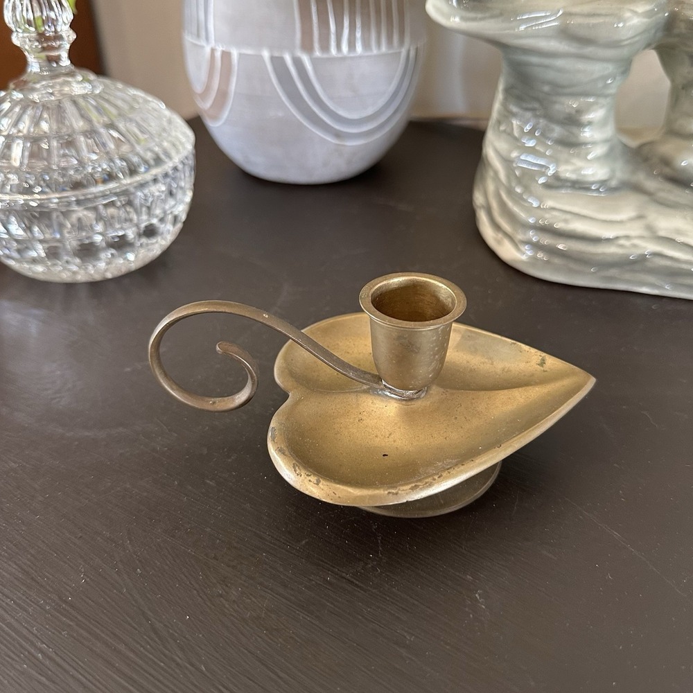 Vtg Brass Heart Shaped Chamberstick Walking Candle Holder 6" Cottagecore Country